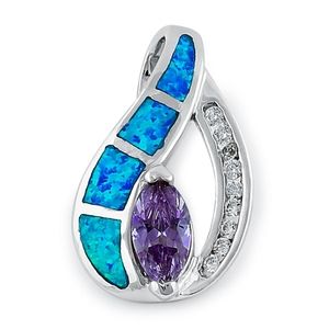 Sterling Silver Lab Opal Marquise Amethyst CZ Pendant